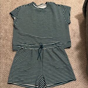 Striped Short Sleeve Top & Shorts Set - Green & White